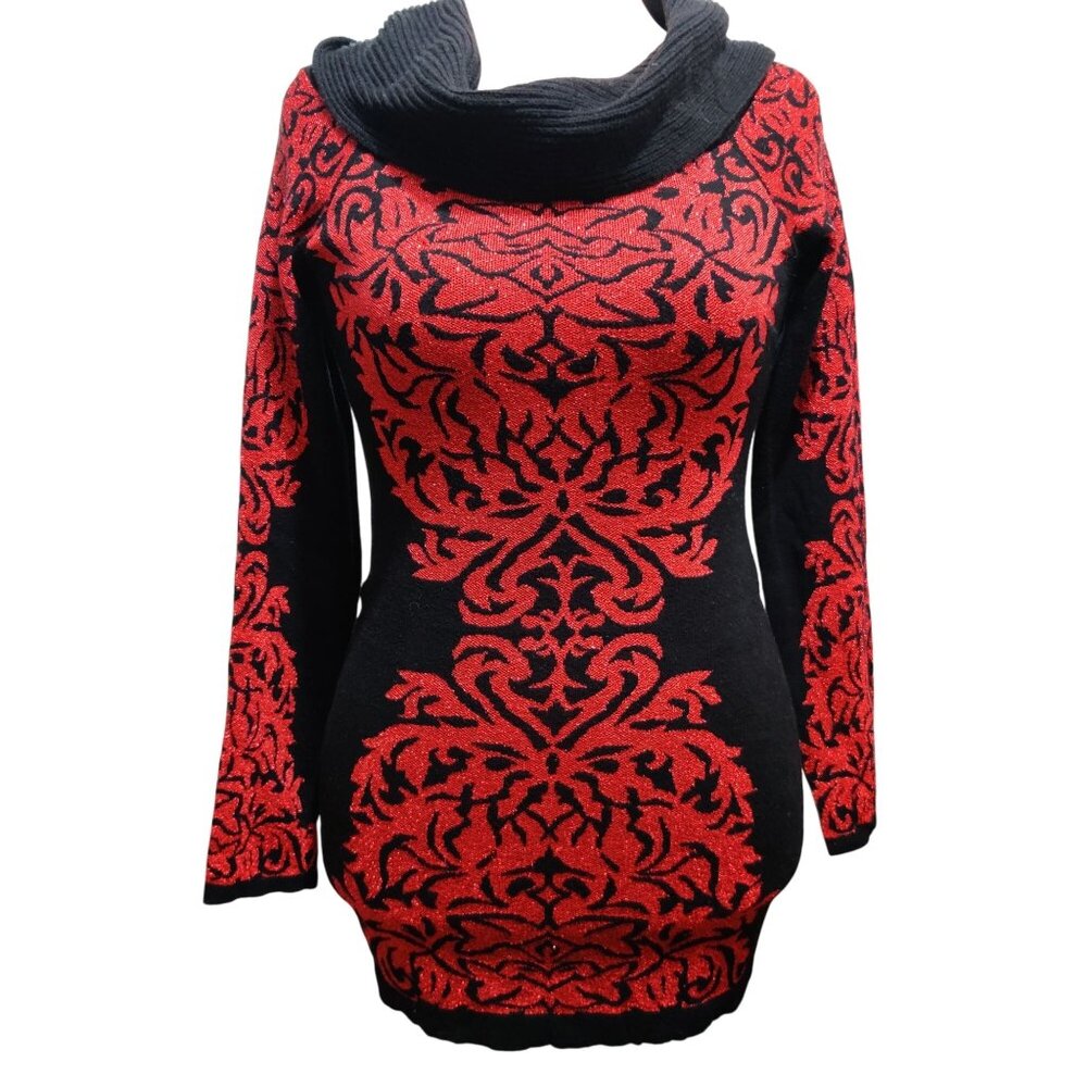 INC International Concepts L Red Black Baroque Knit Off Shoulder Sweater Dress